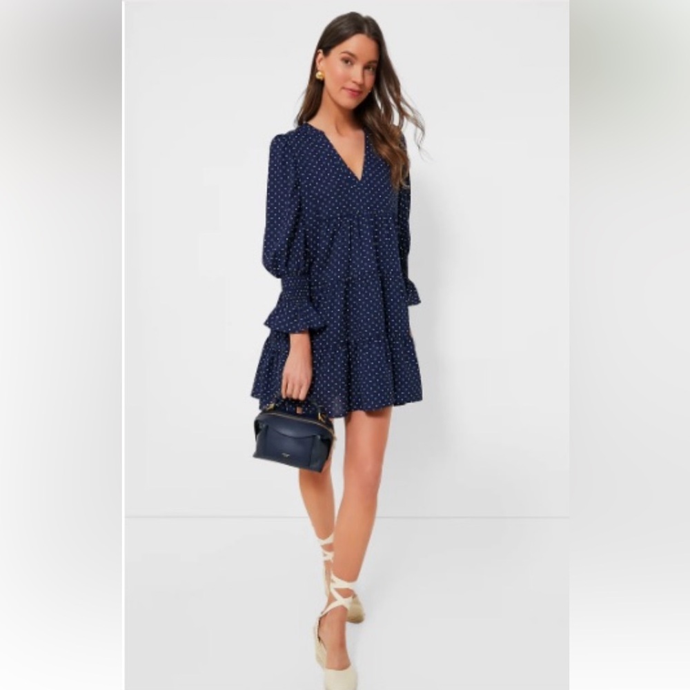 Pomander Place Tuckernuck Navy Polk a dot Kenso tiered sleeved dress EUC size S